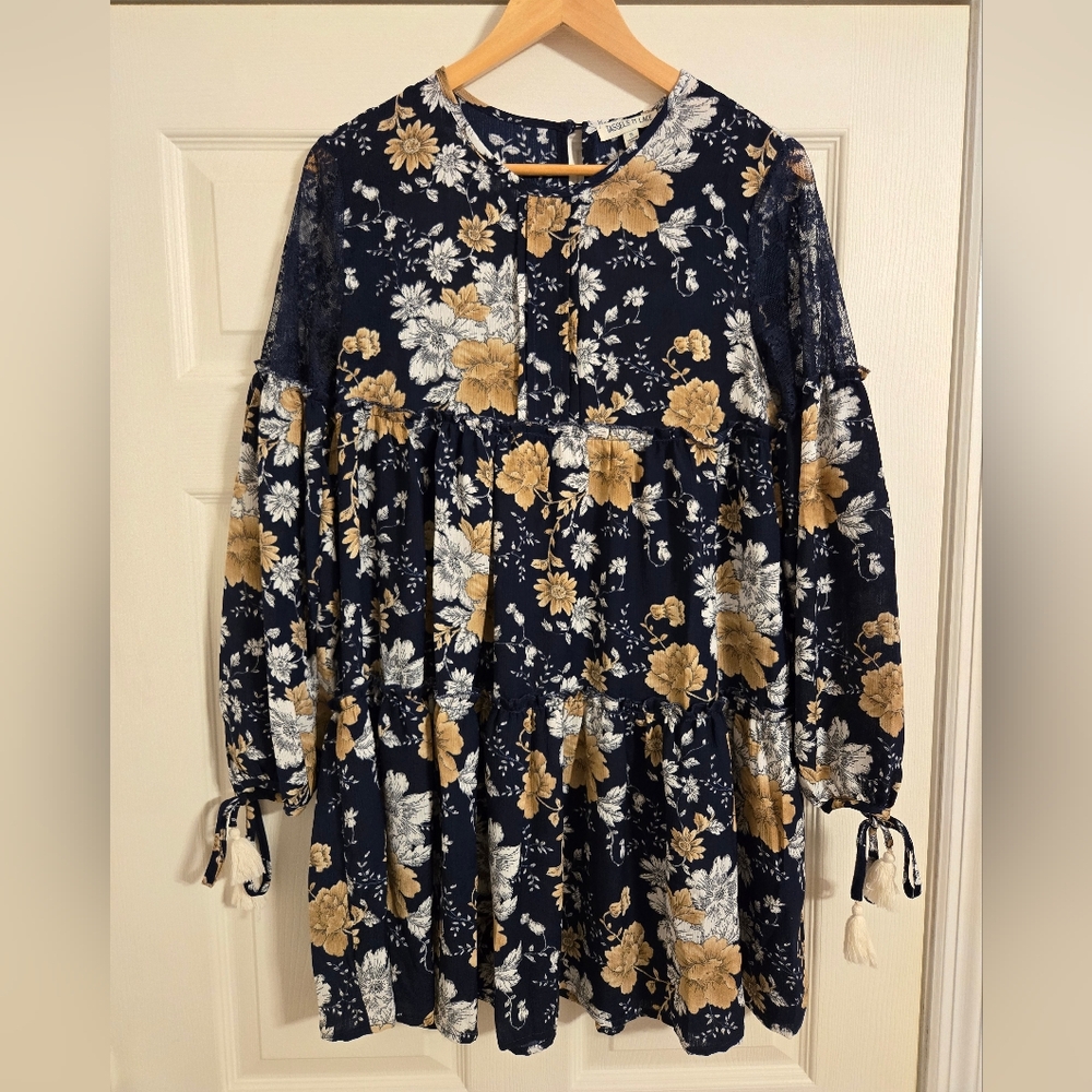 Tassels N Lace Floral Navy Blue Dress Tiered Size Small